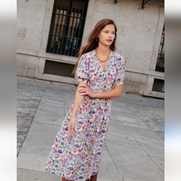 Boden Dresses & Skirts - BODEN Elsa Midi Tea Dress Marshmallow Botanical Brunch Pink Floral Button Front
